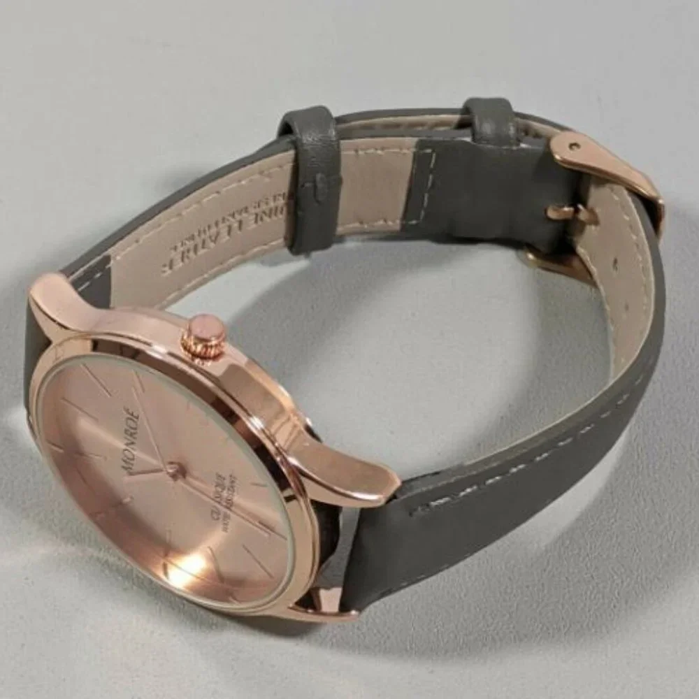Monroe SOLÉROSE Watch Rose Gold CHARCOAL LEATHER Strap Unisex NWT - Picture 4 of 5